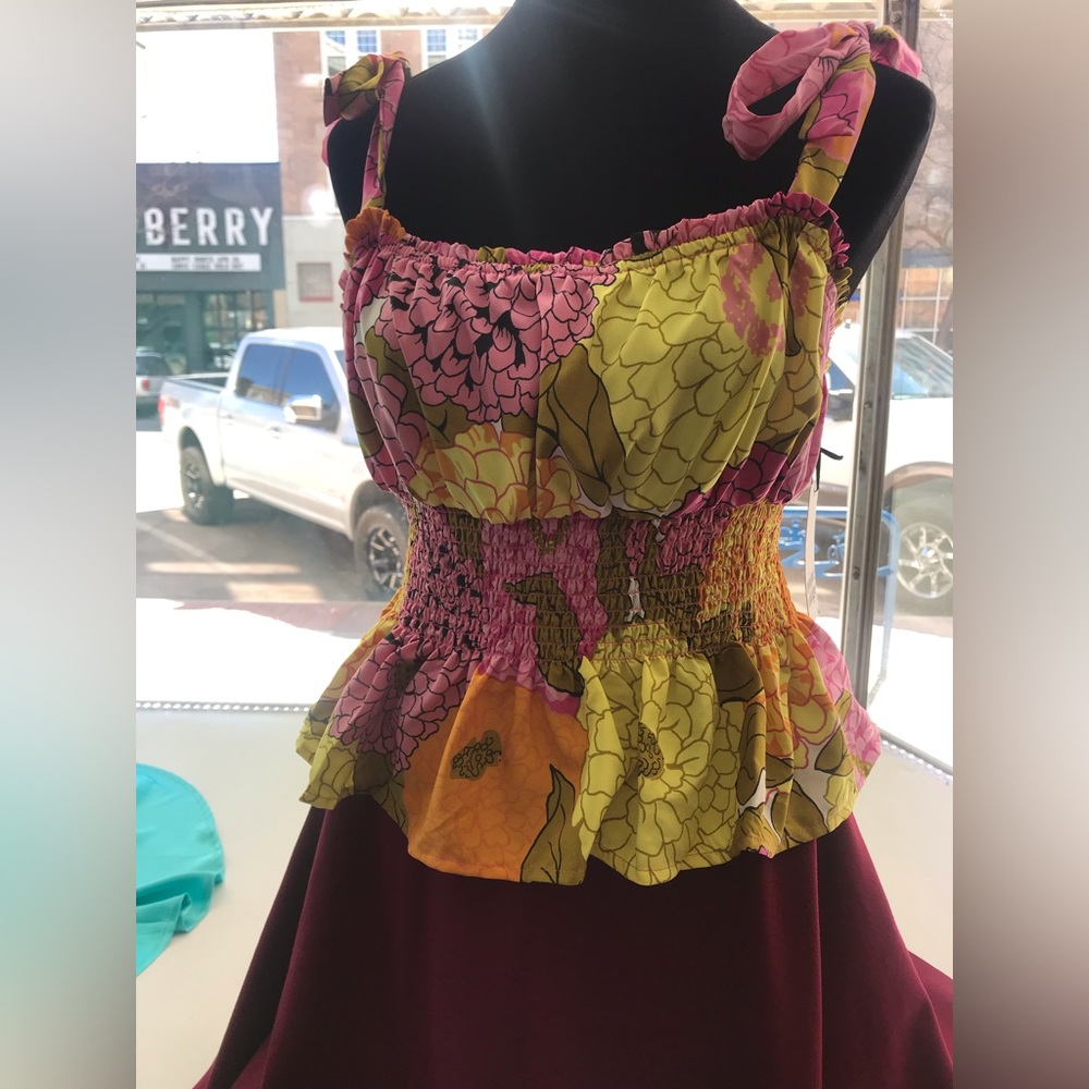 Unique Vintage Breezy Babe Smocked Top Tank Straps Pink Multi New - Picture 2 of 12
